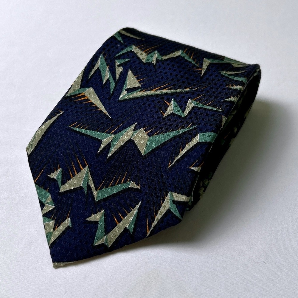 Jhane Barnes Mens Vintage Geometric Abstract Silk Necktie OS Navy Blue